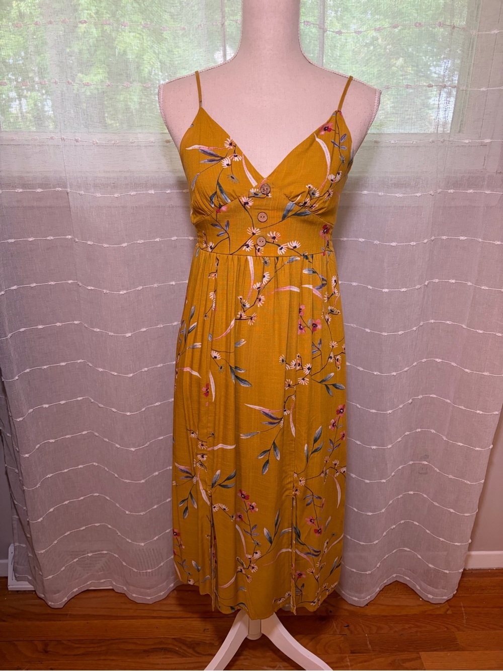 Mustard Floral V-Neck Spaghetti-Strap Midi Dress